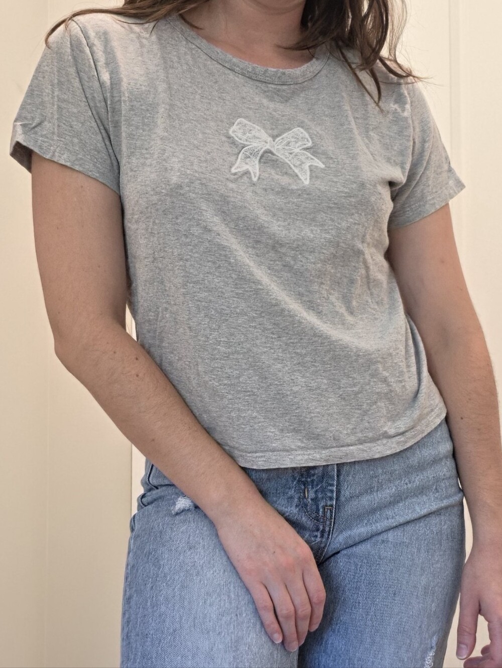 Organic Generation Grey Crop Top White Bow Embroidered 100% Cotton Y2K Coquette